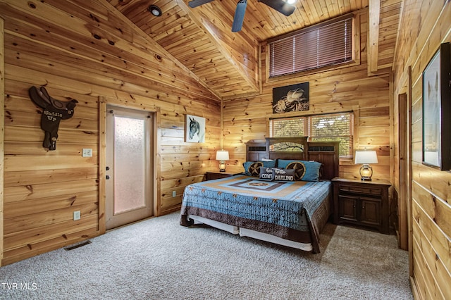 bedroom featuring light carpet, high vaulted ceiling, ceiling fan, and wooden ceiling