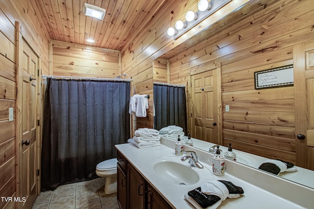 bathroom with a shower with shower curtain, wood ceiling, vanity, toilet, and wood walls