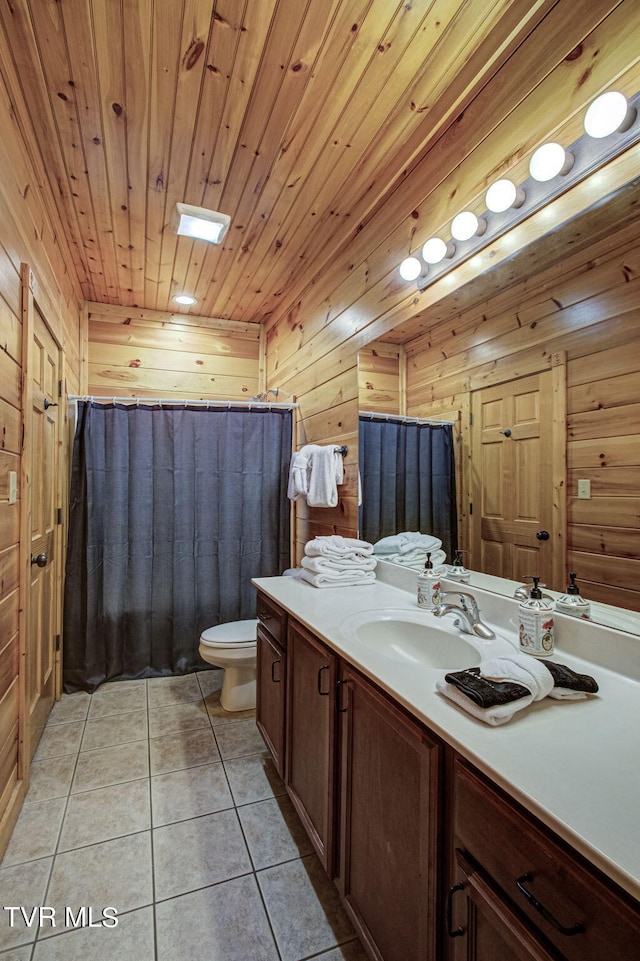 bathroom featuring tile patterned floors, wood walls, toilet, vanity, and wood ceiling