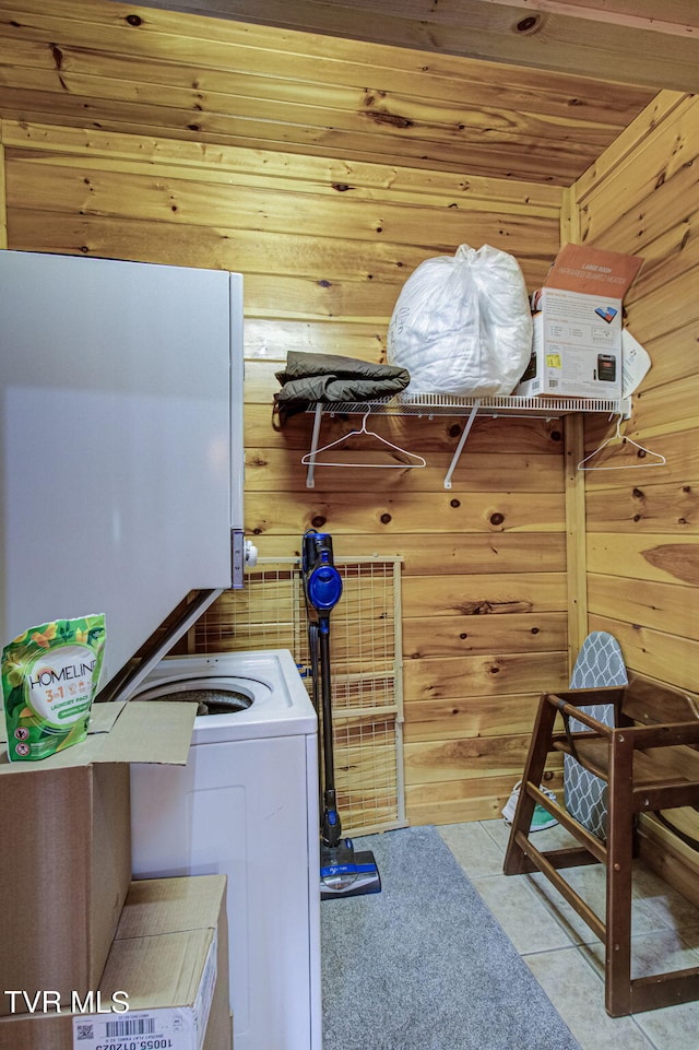 laundry area with washer / clothes dryer, wood walls, and wood ceiling