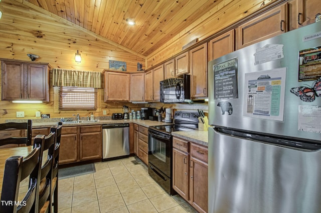 kitchen featuring black appliances, sink, vaulted ceiling, light tile patterned flooring, and wood ceiling