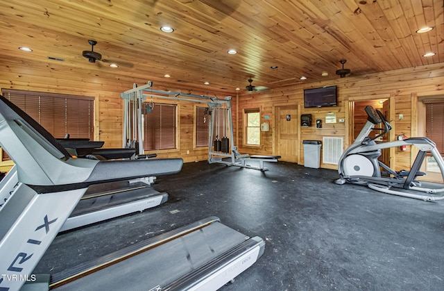 exercise room featuring wood walls, ceiling fan, and wood ceiling