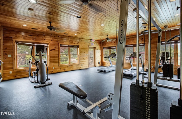 exercise room featuring ceiling fan, wood walls, and wooden ceiling