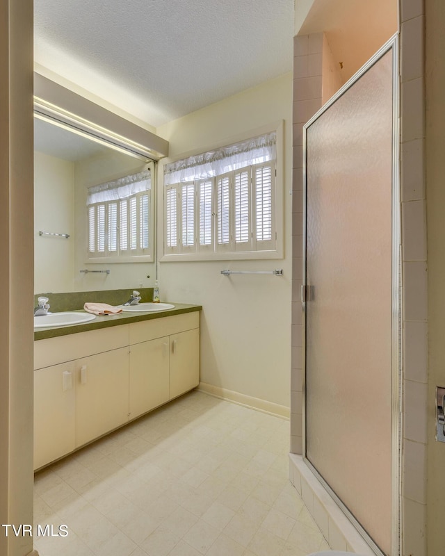 bathroom featuring plenty of natural light, vanity, and an enclosed shower