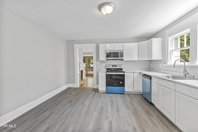 kitchen with white cabinetry, appliances with stainless steel finishes, sink, and light wood-type flooring