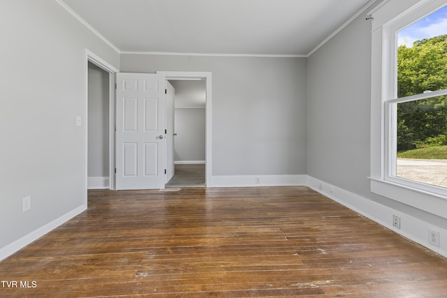 unfurnished bedroom with multiple windows, ornamental molding, dark wood-type flooring, and a spacious closet