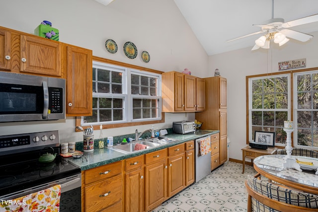 kitchen featuring ceiling fan, sink, high vaulted ceiling, and appliances with stainless steel finishes