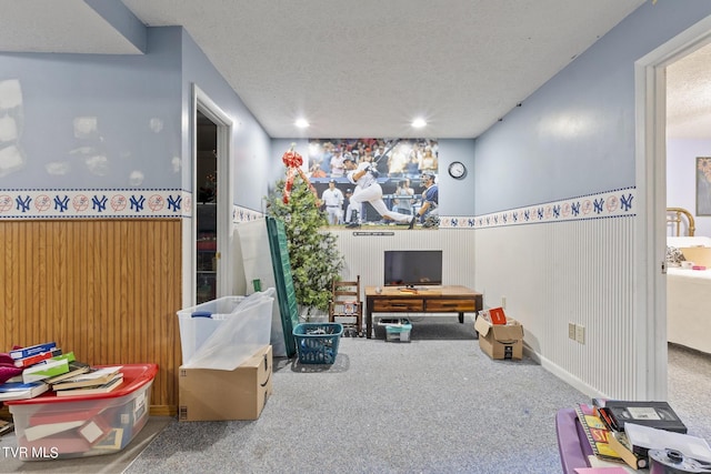 playroom featuring carpet flooring and a textured ceiling