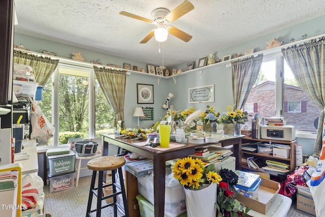 interior space with ceiling fan and a textured ceiling