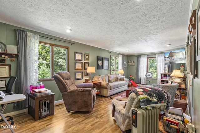 living room featuring crown molding, a textured ceiling, and light wood-type flooring