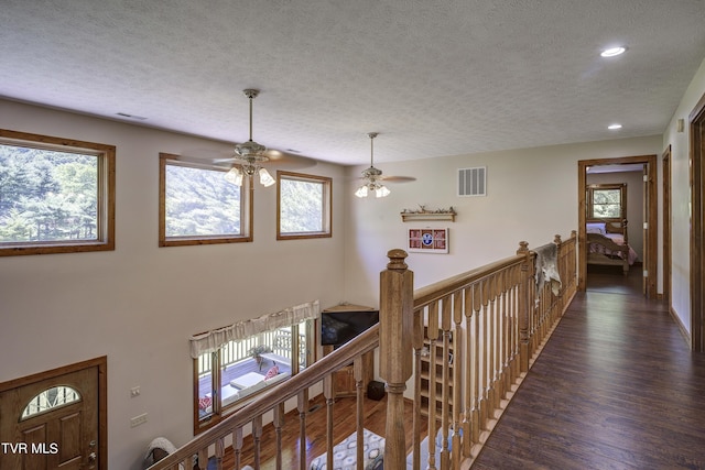 hall with a textured ceiling, plenty of natural light, and dark wood-type flooring