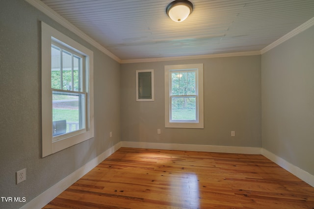 unfurnished room with ornamental molding, light wood-type flooring, and a healthy amount of sunlight