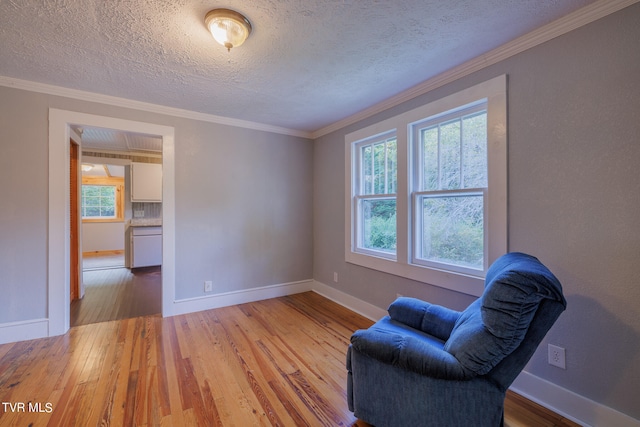 sitting room featuring light wood-type flooring, crown molding, and a textured ceiling