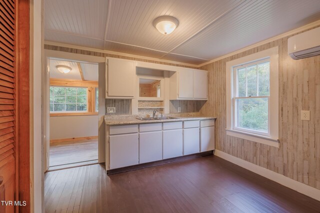 kitchen with sink, a wall mounted air conditioner, wood walls, and dark wood-type flooring