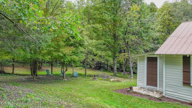 view of yard featuring a storage unit