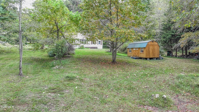 view of yard featuring a storage shed