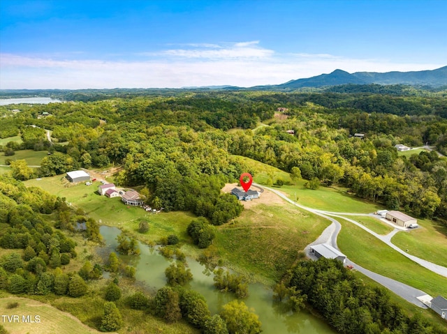 birds eye view of property with a water and mountain view