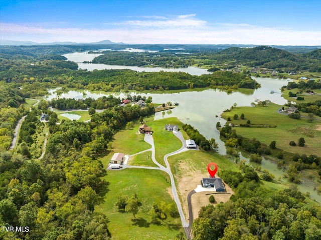 drone / aerial view with a water view