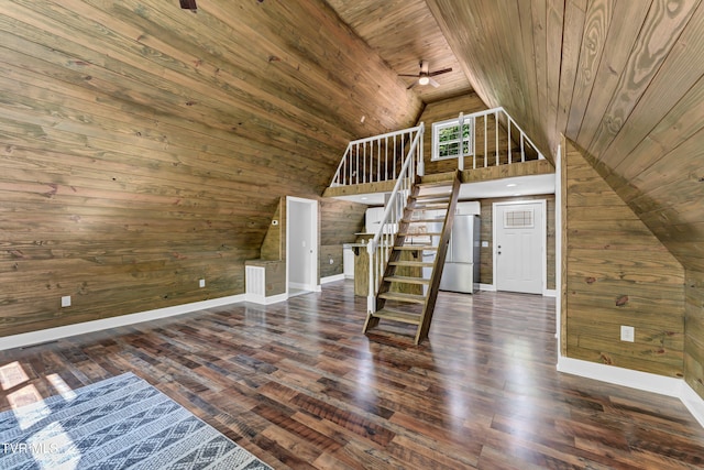 interior space featuring ceiling fan, wooden ceiling, dark hardwood / wood-style floors, wood walls, and lofted ceiling