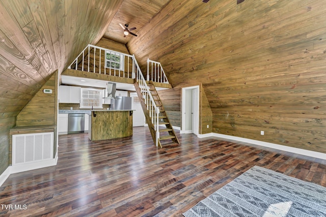 unfurnished living room featuring ceiling fan, dark hardwood / wood-style floors, wooden ceiling, and wooden walls