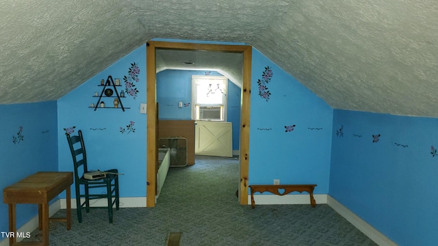 bonus room with lofted ceiling, carpet floors, and a textured ceiling