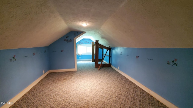 bonus room featuring vaulted ceiling, a textured ceiling, and carpet