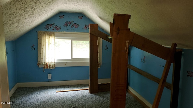 bonus room with vaulted ceiling, carpet, and a textured ceiling