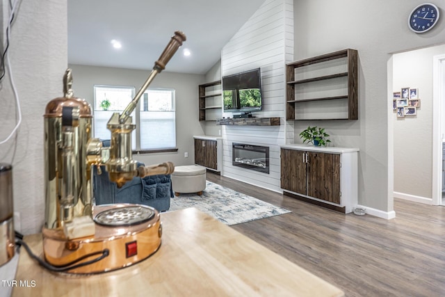 living room featuring a fireplace, hardwood / wood-style flooring, and vaulted ceiling