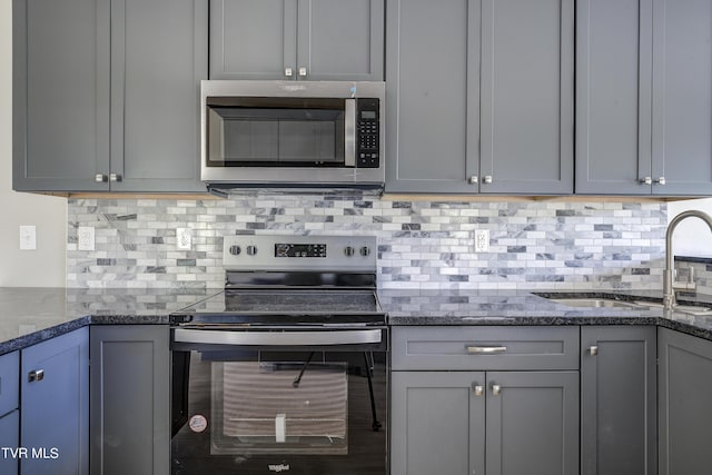 kitchen with appliances with stainless steel finishes, backsplash, dark stone countertops, and sink