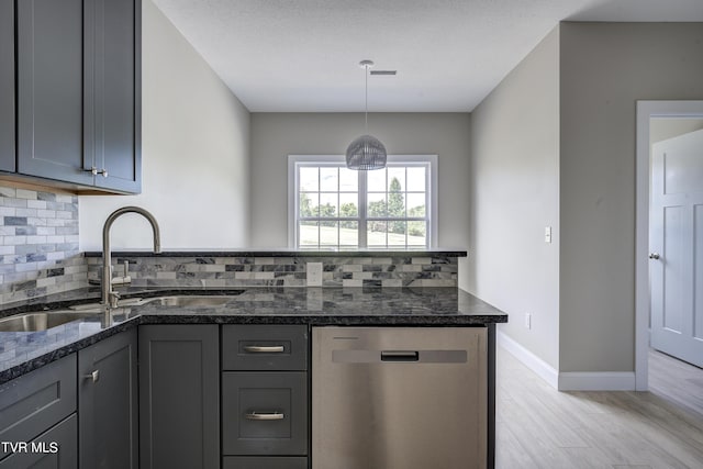 kitchen featuring dishwasher, tasteful backsplash, dark stone counters, and sink