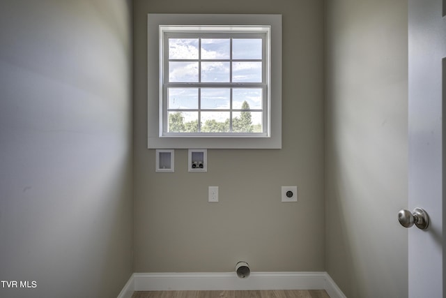 laundry room with hookup for an electric dryer, hookup for a washing machine, and wood-type flooring