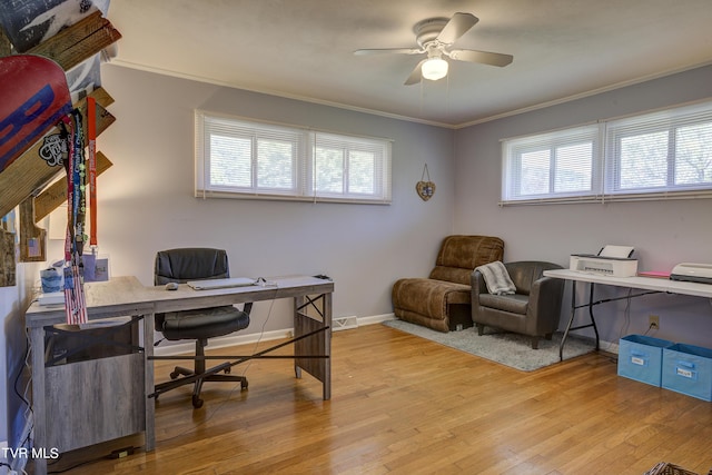 office area with light hardwood / wood-style flooring, ceiling fan, and crown molding