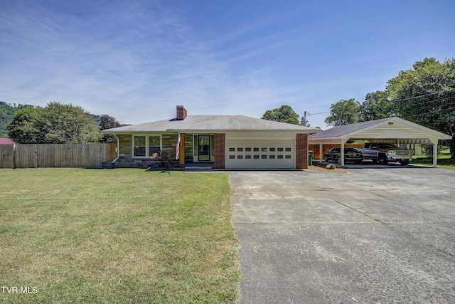 view of front of property featuring a carport, covered porch, and a front yard