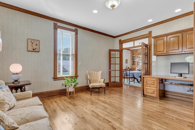 308 E Pearl Ave, Big Stone Gap, VA 24219 - home office featuring light wood-style floors, crown molding, french doors, built in desk, and recessed lighting