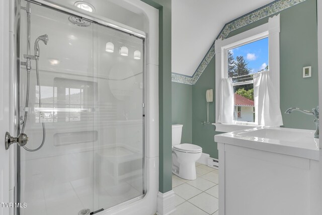 308 E Pearl Ave, Big Stone Gap, VA 24219 - bathroom with a shower stall, vaulted ceiling, vanity, tile patterned flooring, and a baseboard heating unit