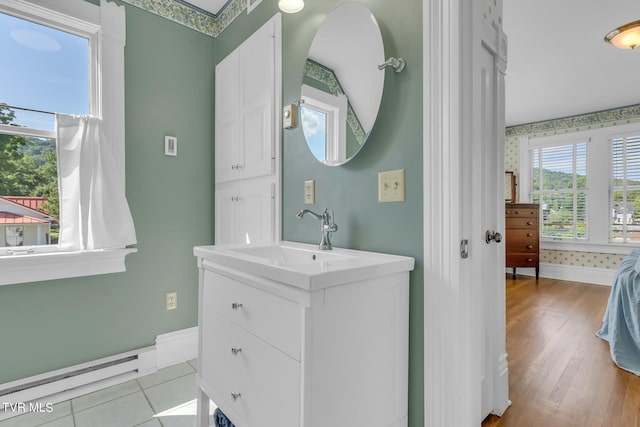 bathroom with wood-type flooring and large vanity