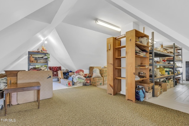 interior space featuring carpet floors and lofted ceiling