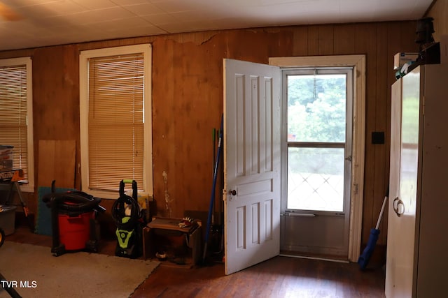 doorway to outside with dark hardwood / wood-style floors and wooden walls