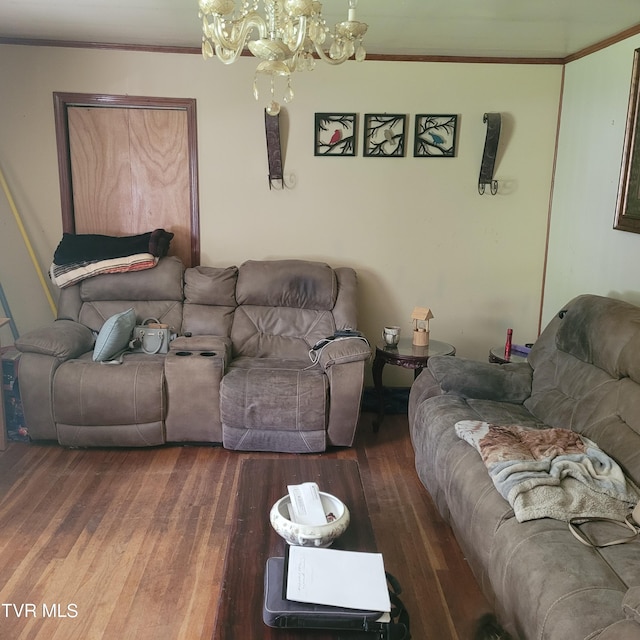 living room with dark hardwood / wood-style floors and crown molding