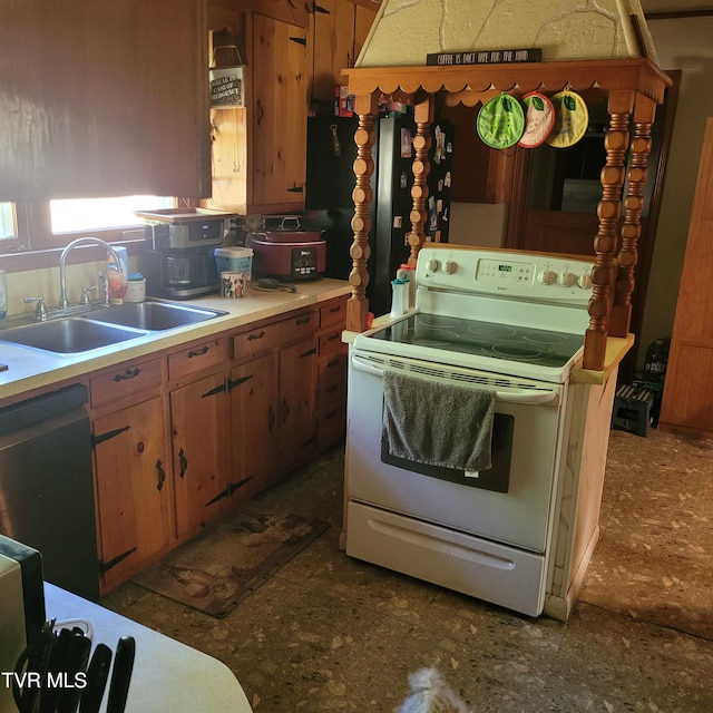 kitchen with stainless steel fridge, black dishwasher, white electric range, and sink