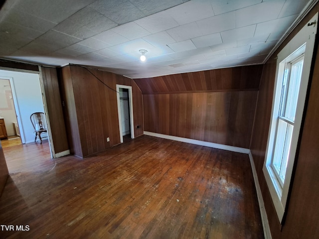 interior space featuring wood-type flooring, vaulted ceiling, and wood walls