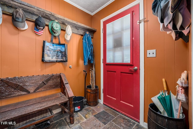 mudroom featuring ornamental molding and wooden walls