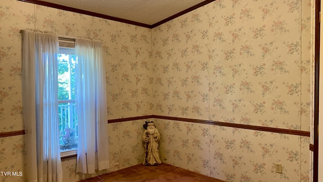 carpeted spare room with crown molding and a textured ceiling