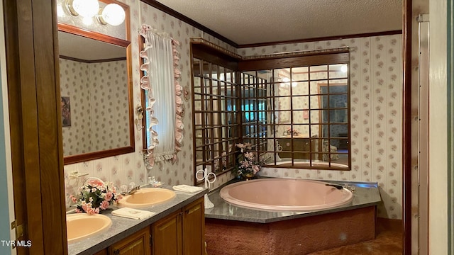 bathroom with a bathtub, vanity, and a textured ceiling