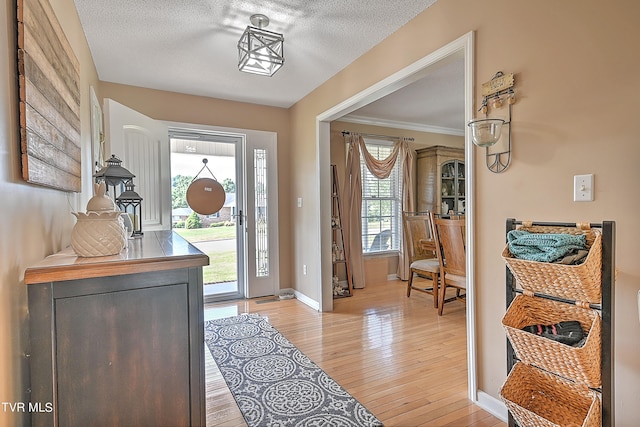 entryway featuring a textured ceiling, light hardwood / wood-style flooring, and a wealth of natural light