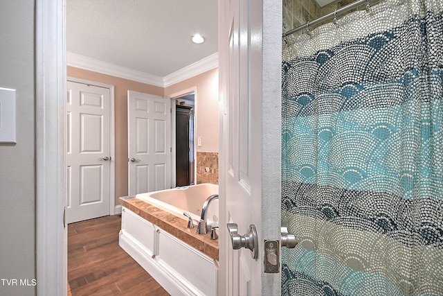 bathroom featuring wood-type flooring and ornamental molding