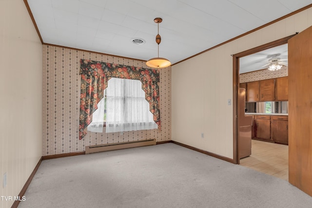 3054 Redbud Hwy, Honaker, VA 24260 - empty room featuring a baseboard radiator, ornamental molding, light colored carpet, ceiling fan, and wallpapered walls