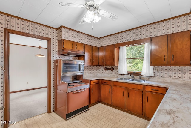 3054 Redbud Hwy, Honaker, VA 24260 - kitchen with light countertops, wallpapered walls, stainless steel microwave, ornamental molding, and a ceiling fan