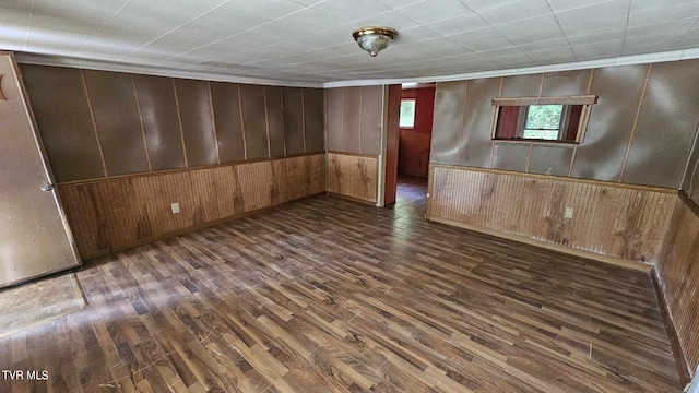 basement featuring dark hardwood / wood-style flooring, wood walls, and ornamental molding