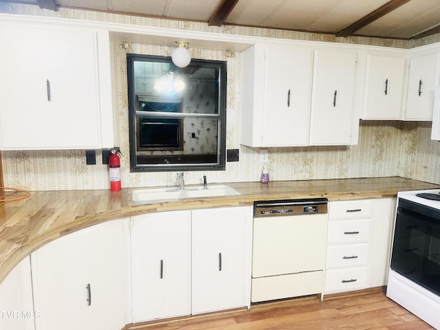 kitchen with wood counters, white cabinetry, and white appliances